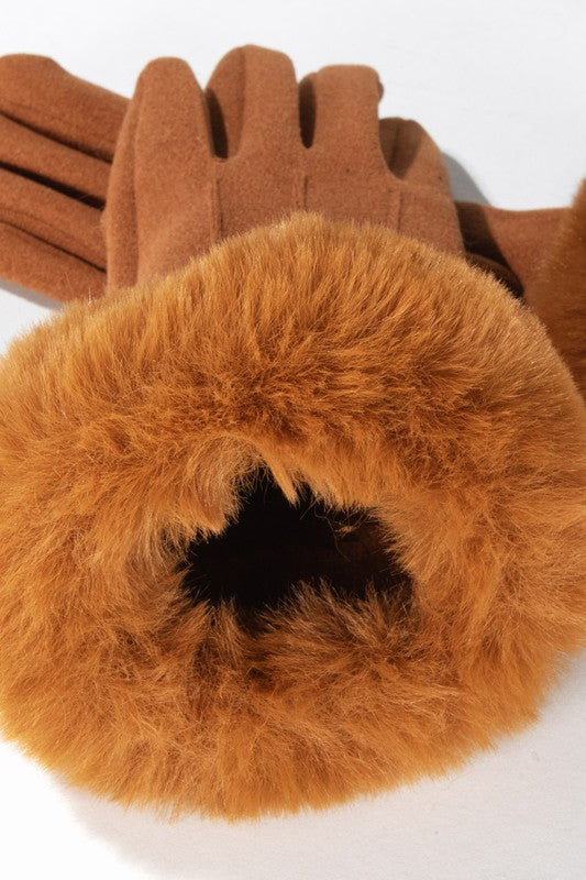90% polyester 10% spandex These are luxurious microfiber brushed knit pin tuck gloves with faux fur cuffs and microfiber velvet inner lining sets the look off with faux fur around the wrist!