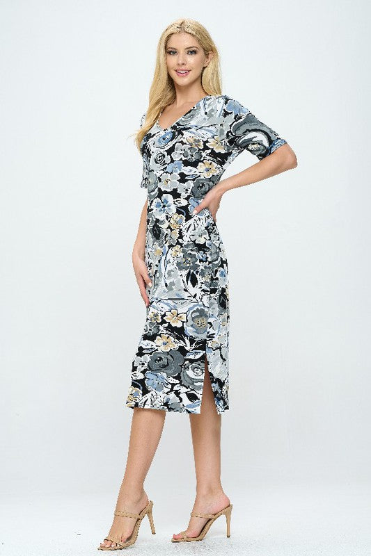 90% polyester / 10% spandex Flourish in fabulousness with this flowy floral dress- sure to be a stunner wherever you head looking like a garden of gorgeousness! Hand or machine wash in cold water. Made in U.S.A