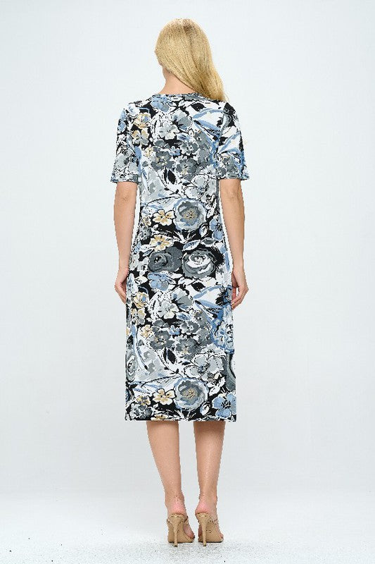 90% polyester / 10% spandex Flourish in fabulousness with this flowy floral dress- sure to be a stunner wherever you head looking like a garden of gorgeousness! Hand or machine wash in cold water. Made in U.S.A