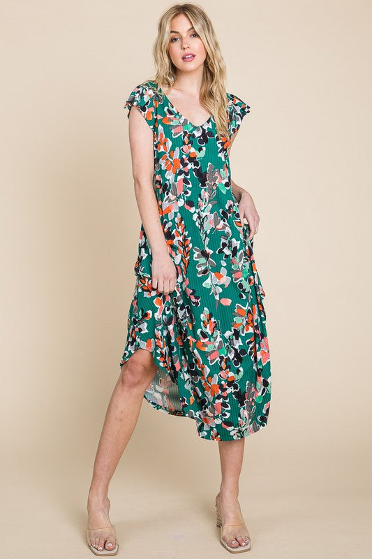 Floral Flowy Asymmetrical Hem With Flutter Sleeves Dress - Green
