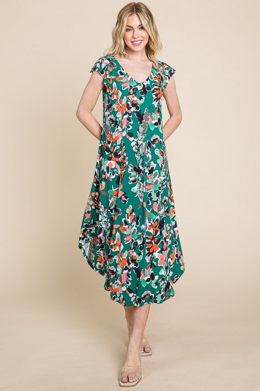 Floral Flowy Asymmetrical Hem With Flutter Sleeves Dress - Green