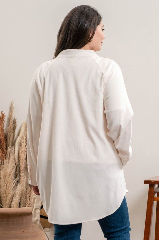 1X & 2X Raglan Sleeve Baby Cord Button Down Top - Splash of Pearl Boutique