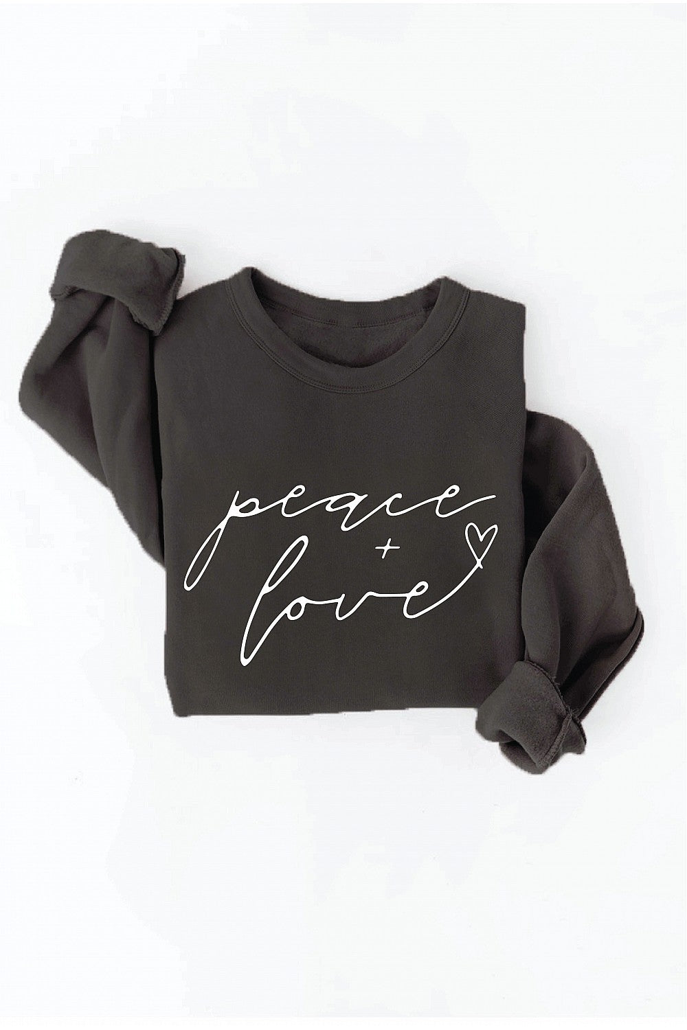 52% cotton / 40% polyester / 8% rayon Peace & Love-spread the love with this ultra comfy fleecy pullover! Featuring a ribbed cuff & crew neck, it's great for layering or rocking solo. Psst: Check the size guide on the chest for the perfect fit.