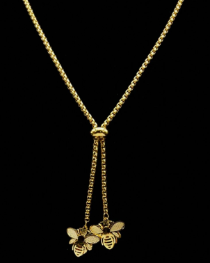 stainless steel
Oh Honey! This lasso necklace features a lasso to adjust the length of the bee's sweetly adorning each end of the chain.