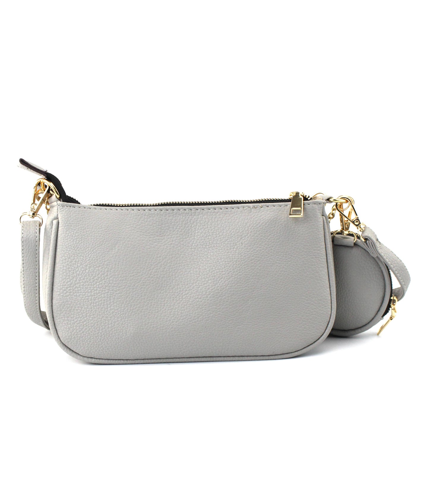 Gray handbag with gold accents on a white background