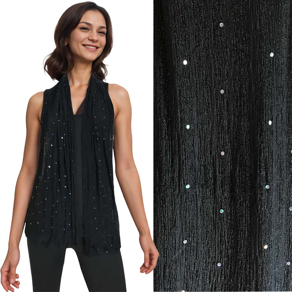 100% polyester
This is a dramatically beautiful georgette scarf with just the right touch of sparkle from subtle tiny sequins.
Size: 12" x 62"
