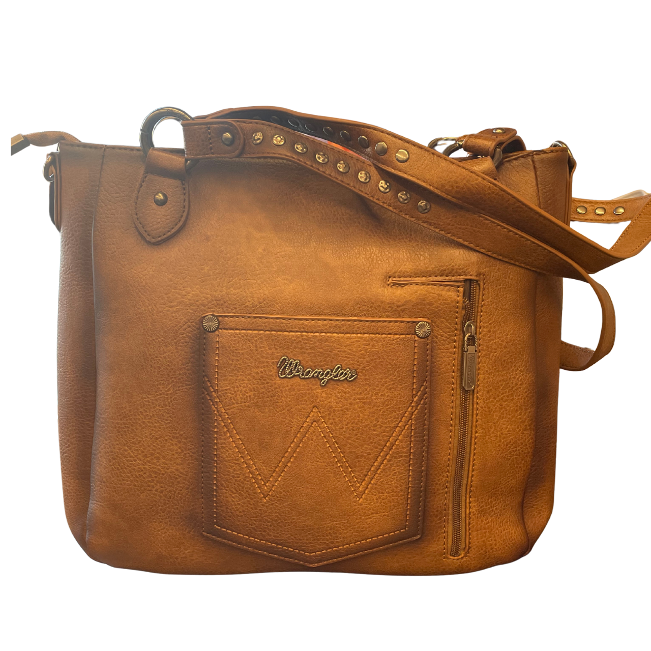 Brown leather handbag with visible brand logo on a white background