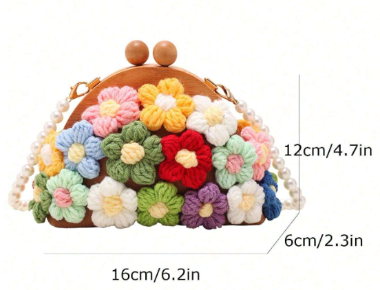 EVERY little girl needs this daintly little purse fit for all the princesses out there! The whimsical design includes yarn flowers in bright colors and a unique pearl string strap, this bag adds a touch of charm to any outfit.