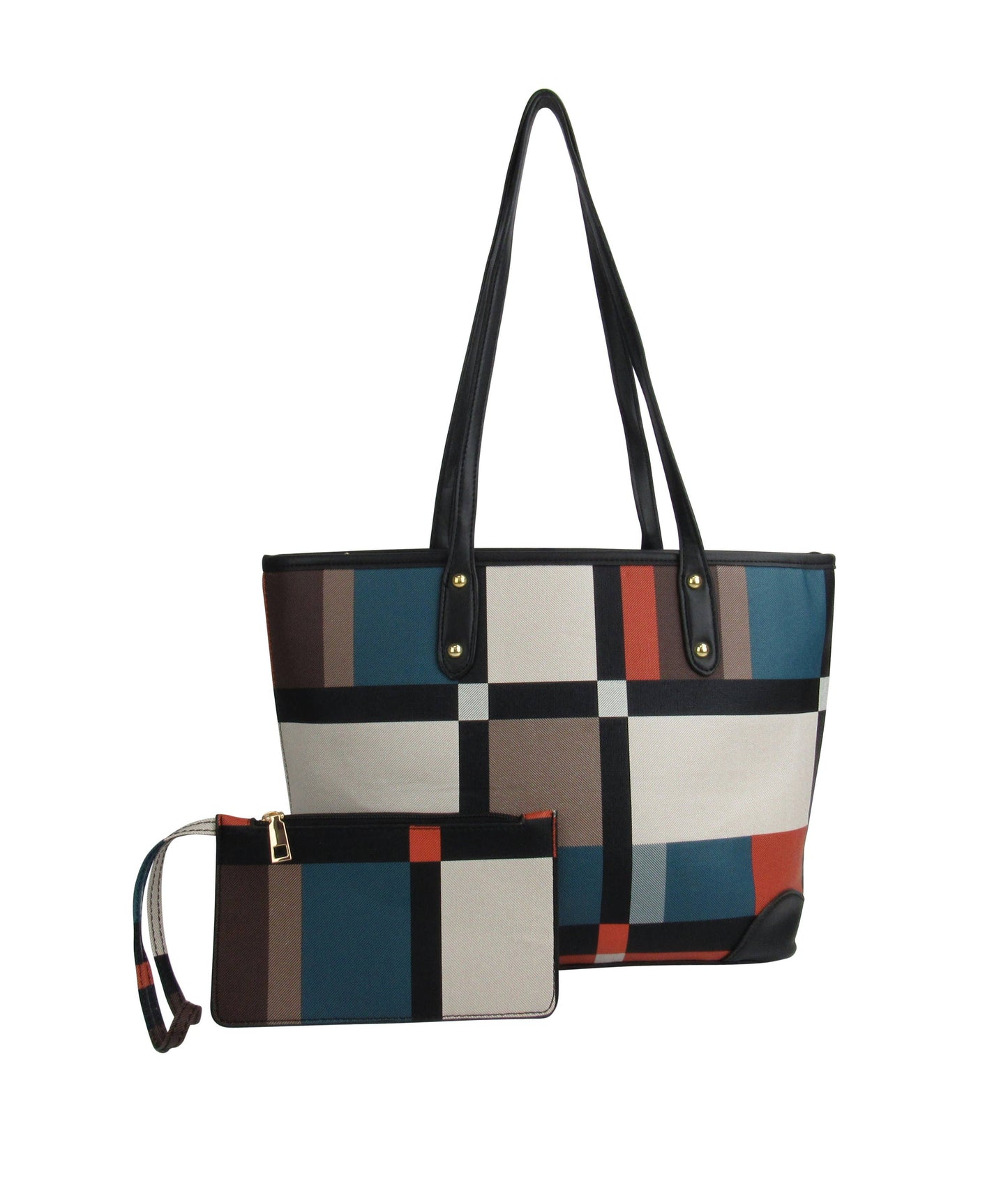Color-blocked tote bag with matching wristlet on a white background