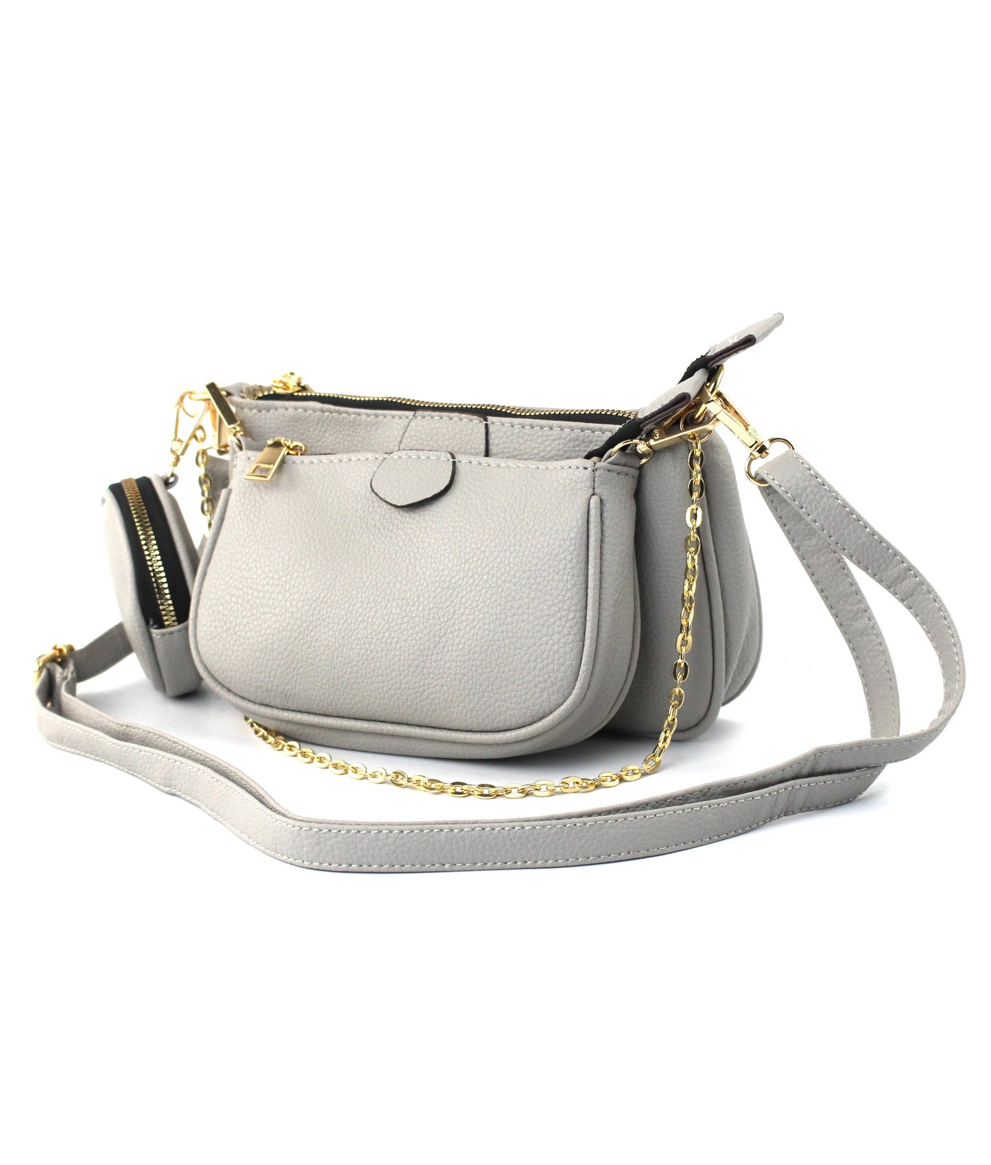 Gray handbag with gold chain detail on a white background