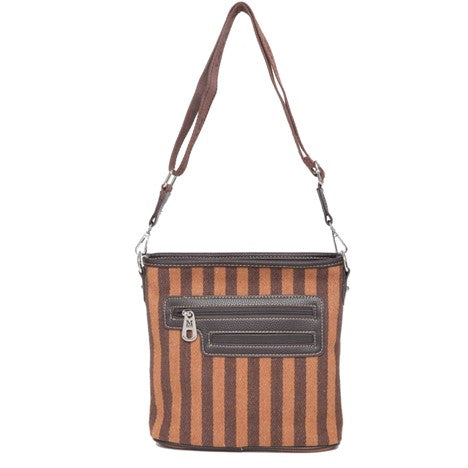Striped handbag with a brown and black pattern on a white background