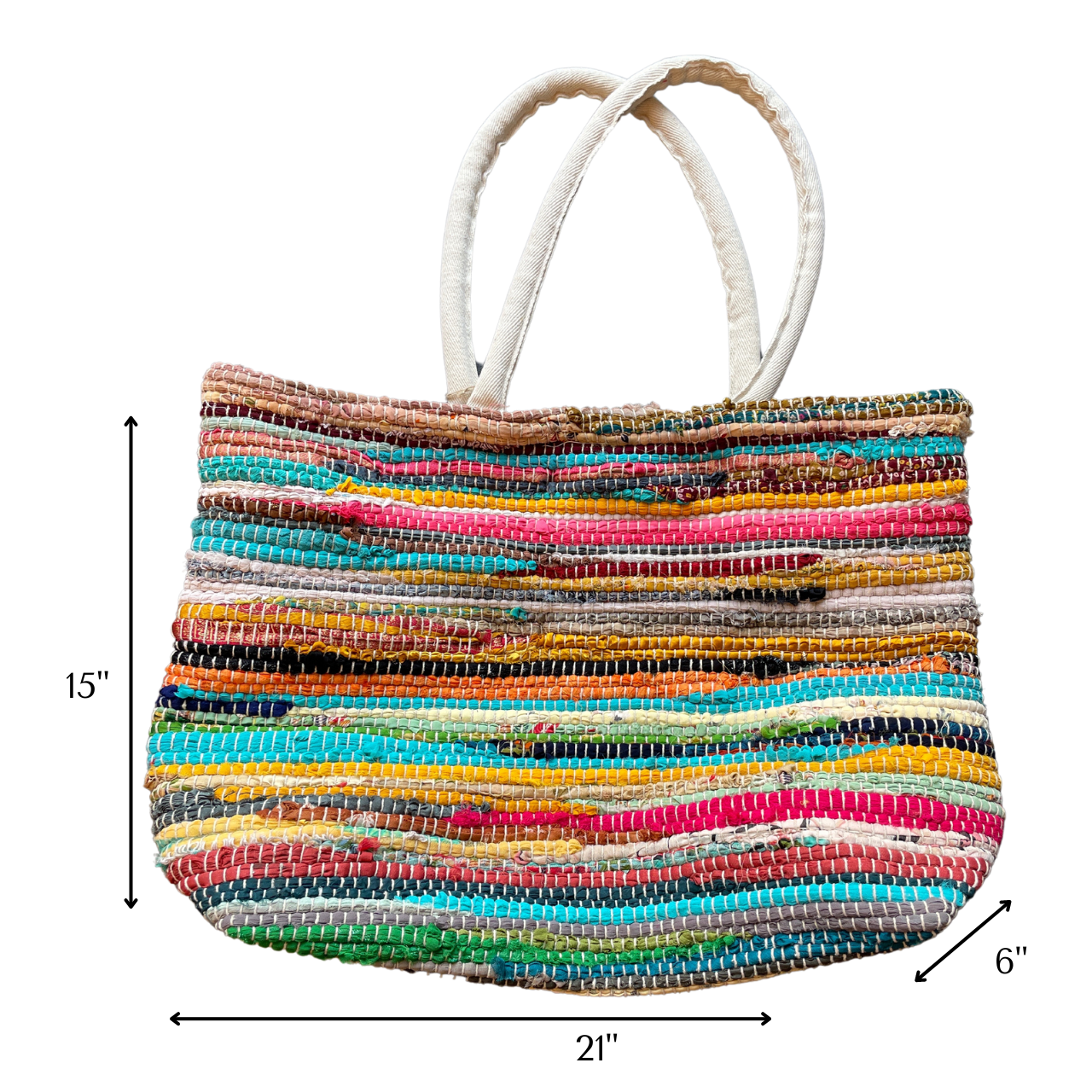 This tote is the ultimate workhorse of totes, using eco-friendly materials and repurposed clothes! It's a rugged bag that will outlast its owner! Measures 15" tall x 21" wide 6"