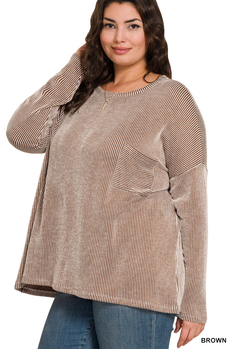 Ribbed Striped Oversized Long Sleeve Top - Brown