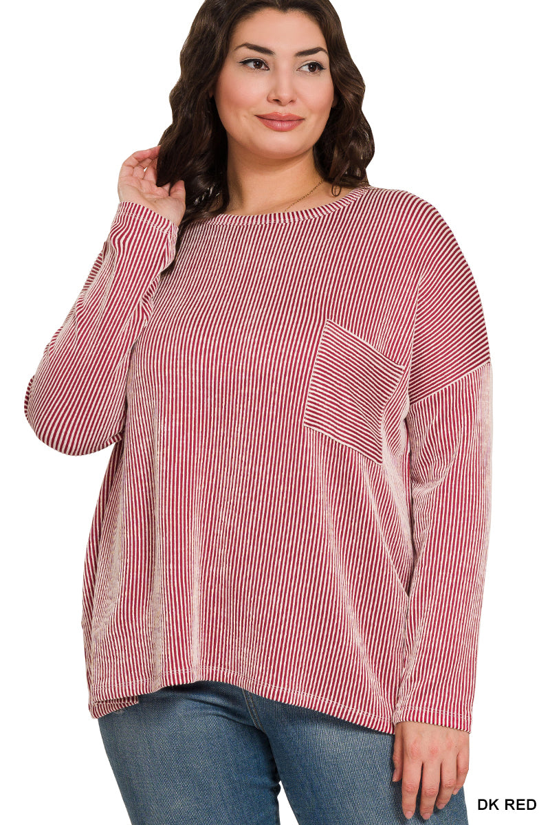 Ribbed Striped Oversized Long Sleeve Top - Brown