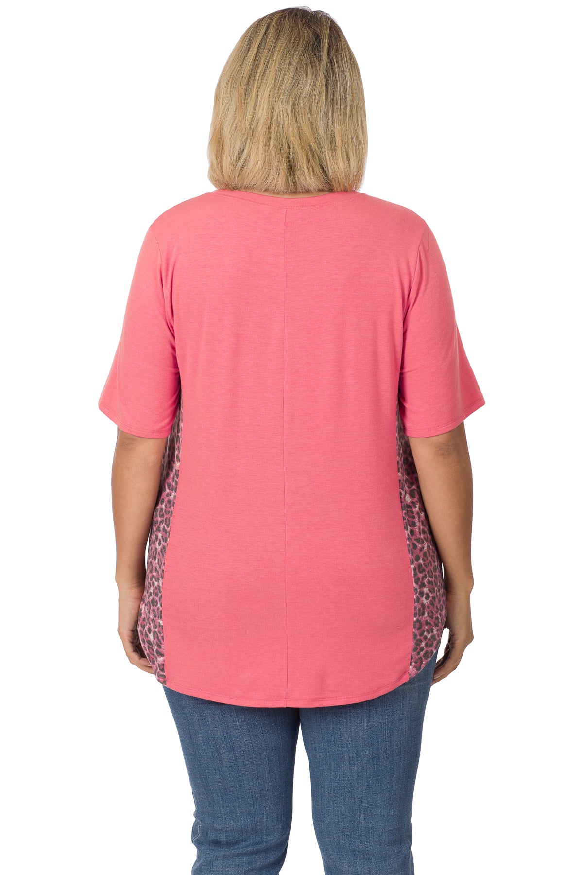 3XL Plus Contrast Side Panel Short Sleeve Top - Desert Rose/Leo