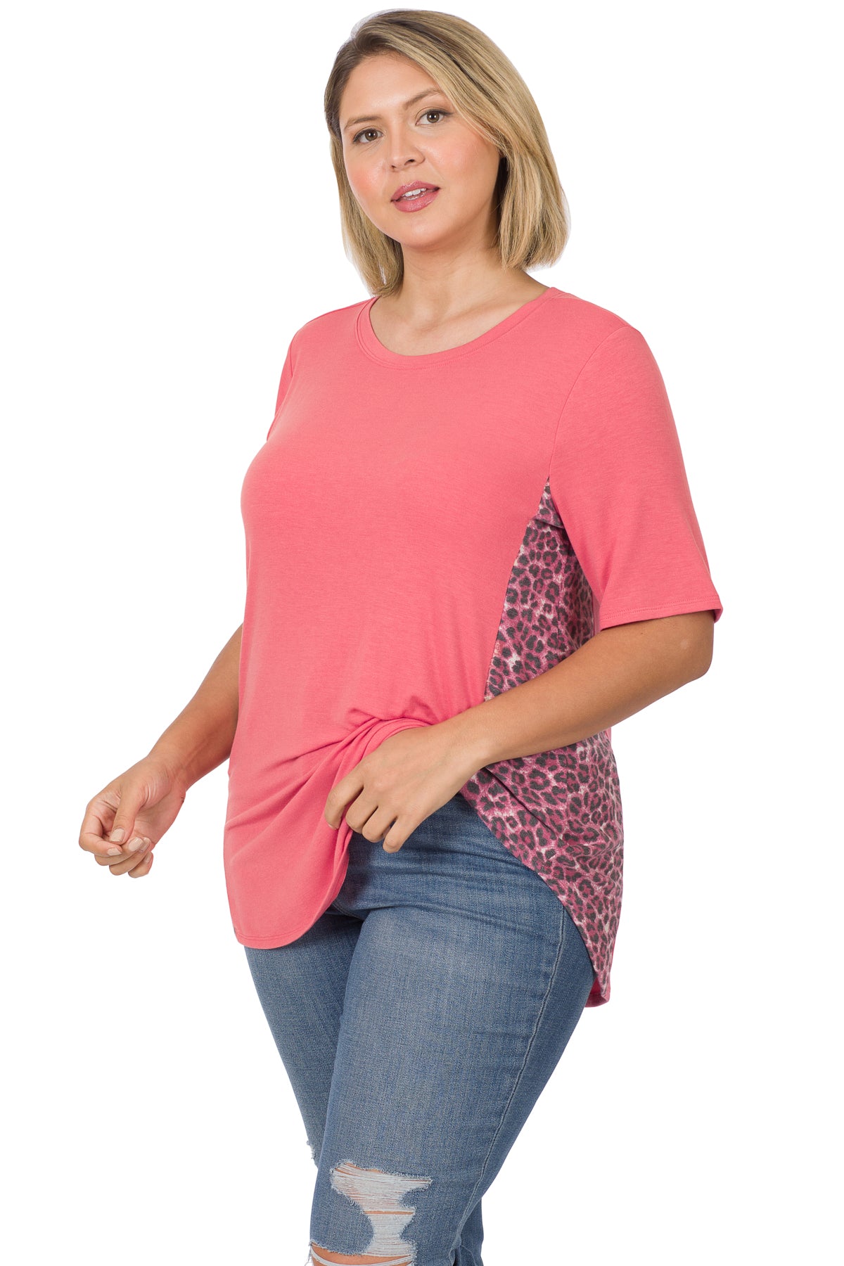 3XL Plus Contrast Side Panel Short Sleeve Top - Desert Rose/Leo