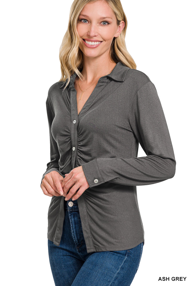 95% rayon / 5% spandex
Unbuttoned or buttoned, this top is a great substitute for a cardigan if you're going for a classy vibe. Definitely stock up on all the colors!