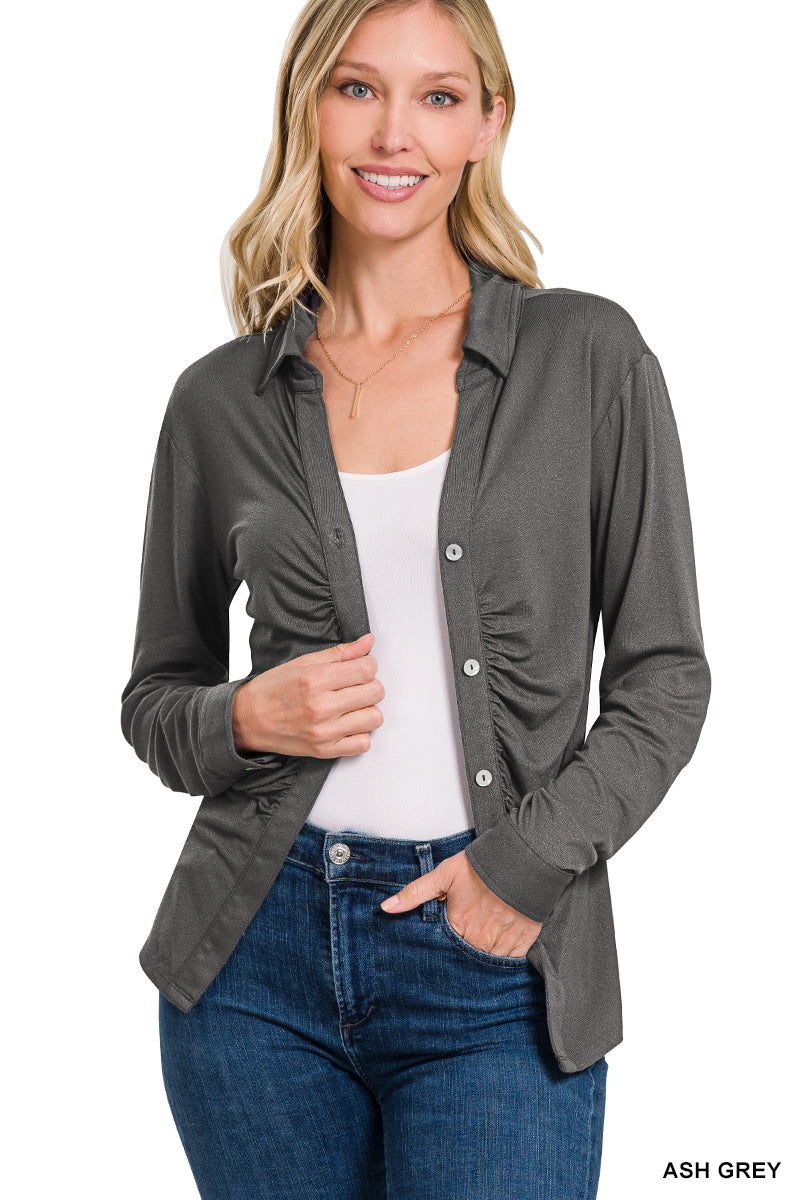 95% rayon / 5% spandex
Unbuttoned or buttoned, this top is a great substitute for a cardigan if you're going for a classy vibe. Definitely stock up on all the colors!