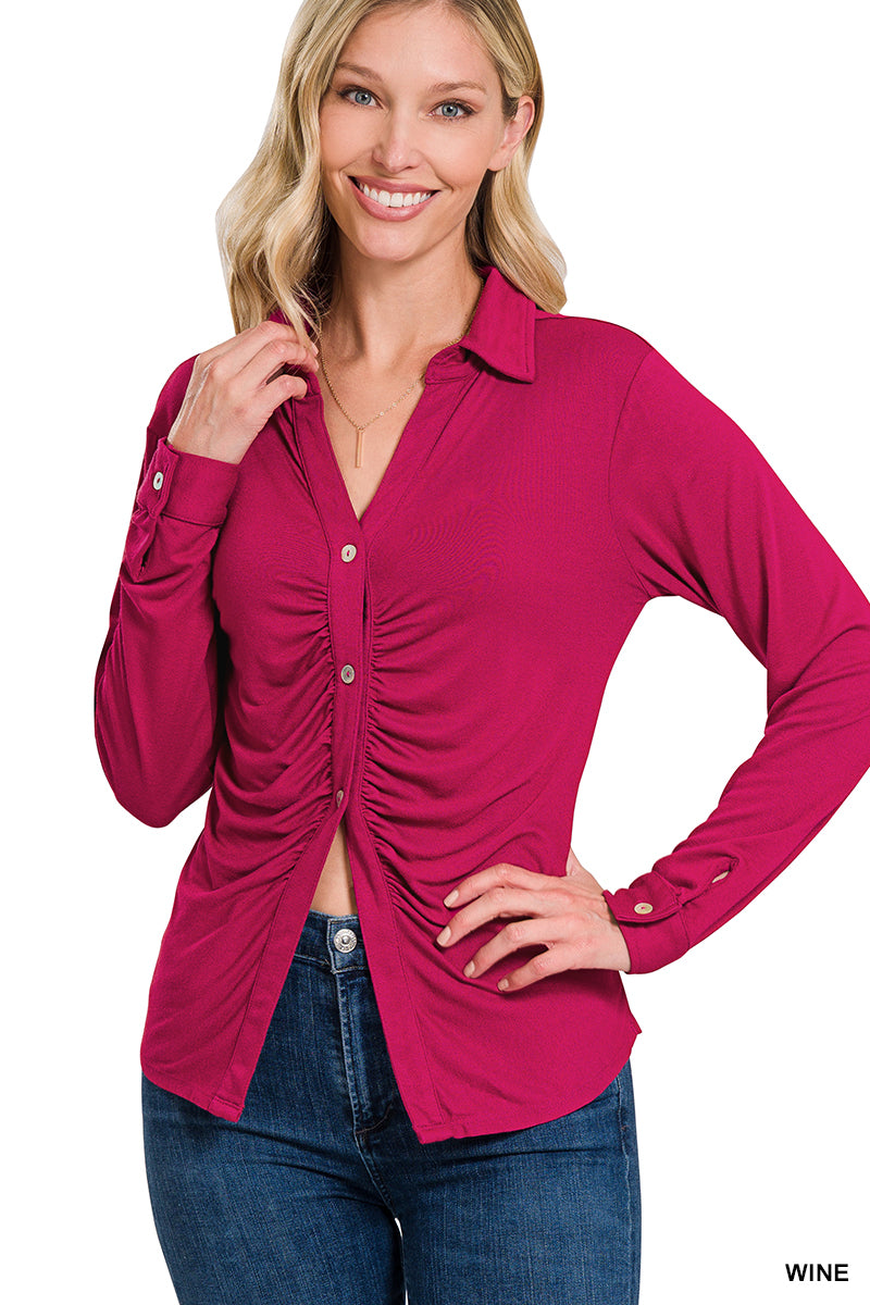 95% rayon / 5% spandex
Unbuttoned or buttoned, this top is a great substitute for a cardigan if you're going for a classy vibe. Definitely stock up on all the colors!