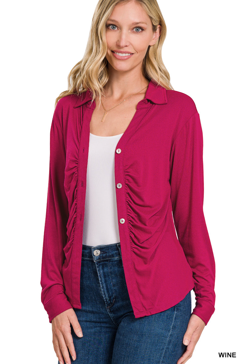 95% rayon / 5% spandex
Unbuttoned or buttoned, this top is a great substitute for a cardigan if you're going for a classy vibe. Definitely stock up on all the colors!