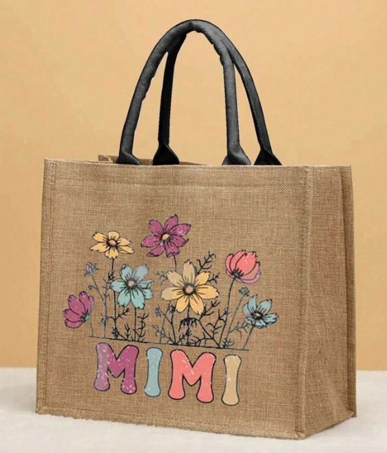 100% polyester This sand colored burlap look bag features short black handles and plenty of room to hold all those Mimi things! Perfect gift or thank you for that special Mimi in your life! Size: 11.8" x 13.8" x 5.5