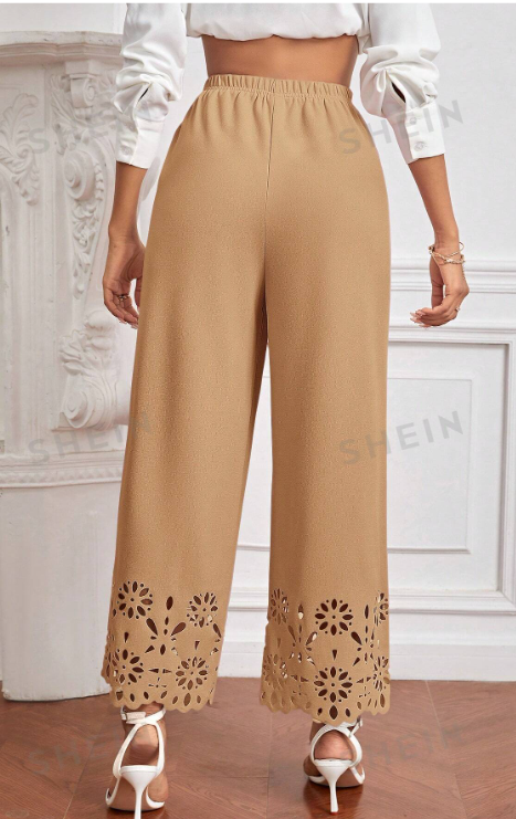 Wide Leg Pants With Cutout Hem - Khaki