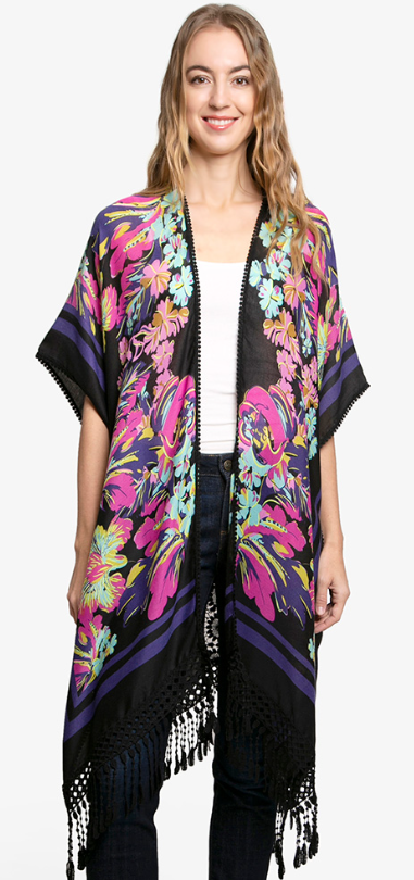 Elevate your outfit with our Floral Patterned Lace Kimono. This beautiful kimono features a stunning lace inset on the back and a playful fringe bottom. Perfect for a fun and flirty look, this kimono adds a touch of elegance to any outfit. Get ready to turn heads!