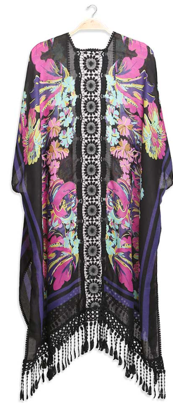 Elevate your outfit with our Floral Patterned Lace Kimono. This beautiful kimono features a stunning lace inset on the back and a playful fringe bottom. Perfect for a fun and flirty look, this kimono adds a touch of elegance to any outfit. Get ready to turn heads!