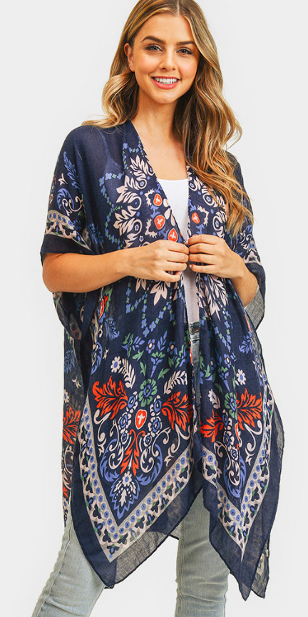 100 % Polyester This breezy, versatile kimono is adorned with a funky boho print in navy, red, and white - and it's one size fits all! Measures: 35" x 35"