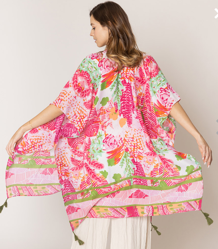 100% polyester A beautifully breezy flowery print with charming tassel accents at the hem! Measures 35.4" x 35.4"
