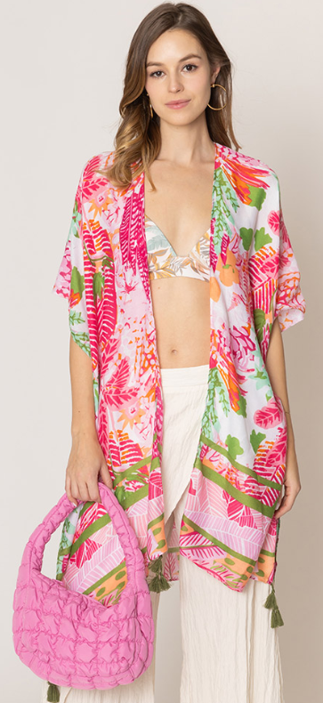 100% polyester A beautifully breezy flowery print with charming tassel accents at the hem! Measures 35.4" x 35.4"