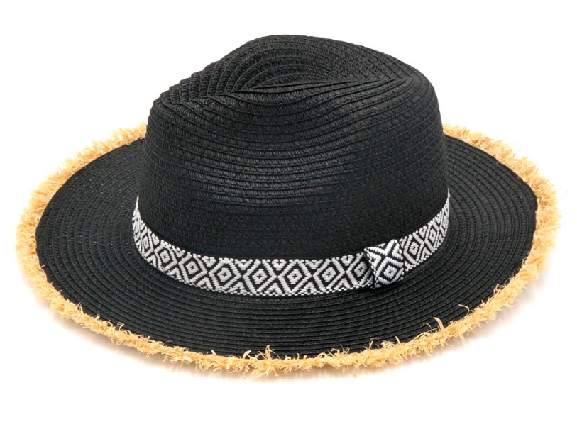 100 % Polyester Introducing our Frayed Trim Aztec Straw Hat - Black! Don't let frayed trim scare you, this playful hat will add polish to any outfit. Its straw material brings a bit of the outdoors to your ensemble, while the Aztec design adds a fun pop of pattern. Trust us, this hat will have you feeling cool and confident!