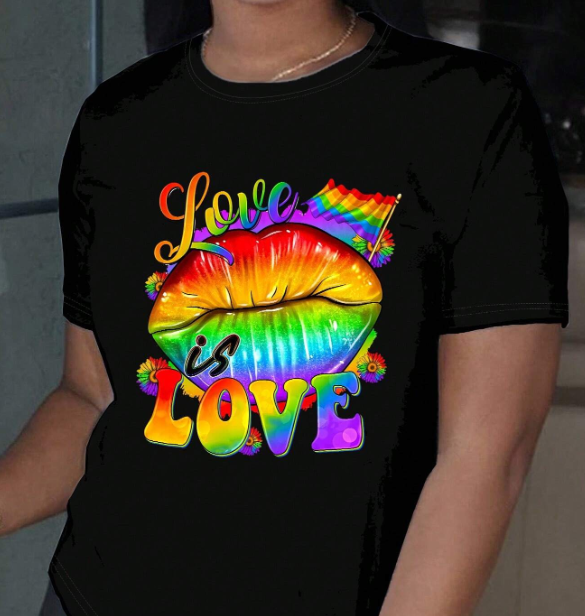 95% polyester / 5% elastane  Get ready to spread some love with this playful black tee, featuring a rainbow of vibrant colors and a powerful message of "Love Is Love".