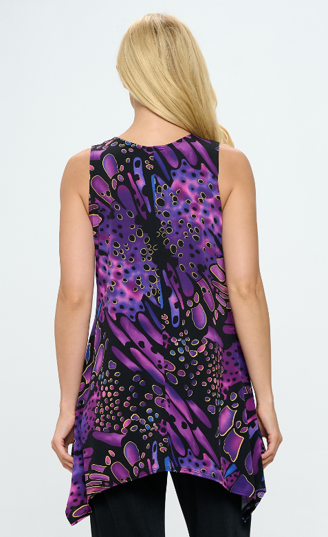 94% polyester / 6% spandex Embody the beauty of a butterfly with this abstract tank tunic featuring butterfly wing-like patterns! Its multicolored print opens up a world of possibilities for matching with jackets and pants! Hand or machine wash in cold water. Made in U.S.A