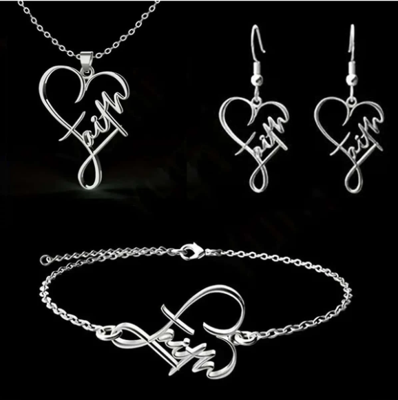 Each item in this delightful set showcases a heart-shaped symbol of faith. It would make a great present for a confirmand or first communion, or you could just keep it for yourself!