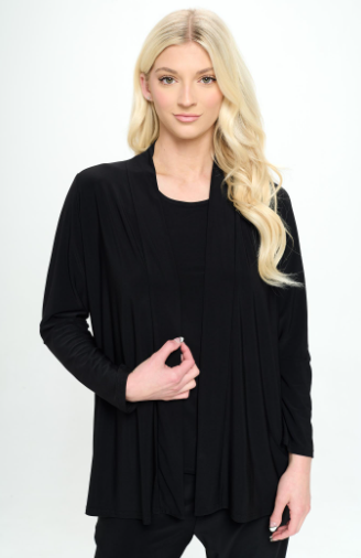 90% polyester / 10% spandex Classy looking long sleeve cardigan style jacket in the comfy soft category weighing heavy on your list of MUST HAVE ONE'S! Made in USA