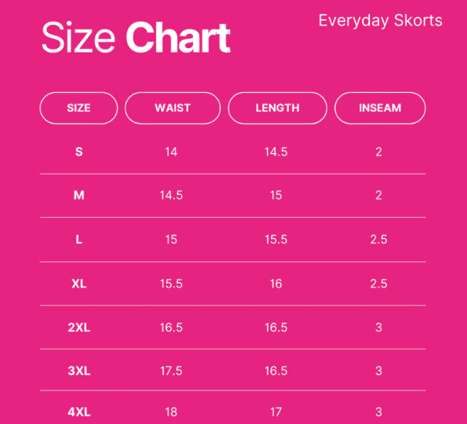 Size chart for Everyday Skorts on a pink background