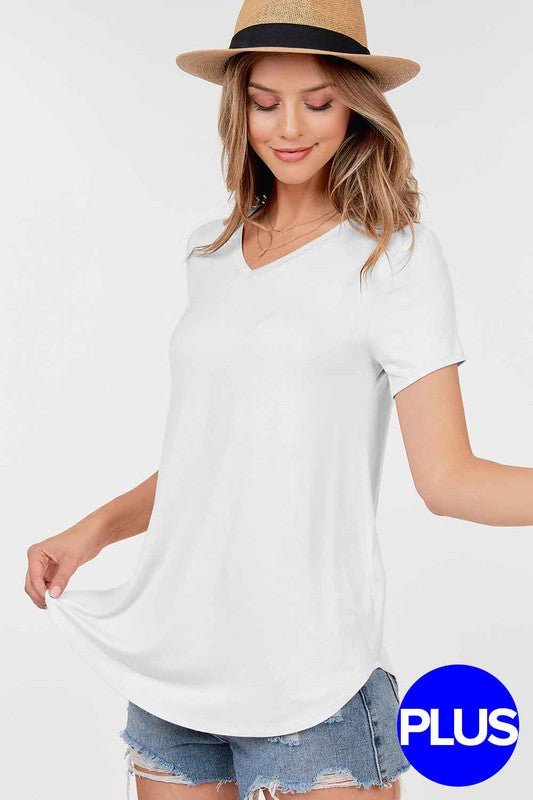 Basic Short Sleeve V Neck Top With Rounded Hem - Off White - Splash of Pearl Boutique