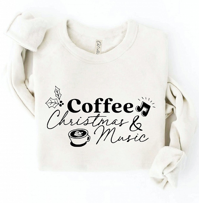 Plush Spun Sponge Fleece
Get into the holiday spirit with Coffee, Christmas & Music! These cozy sweatshirts are perfect for all year round comfort.