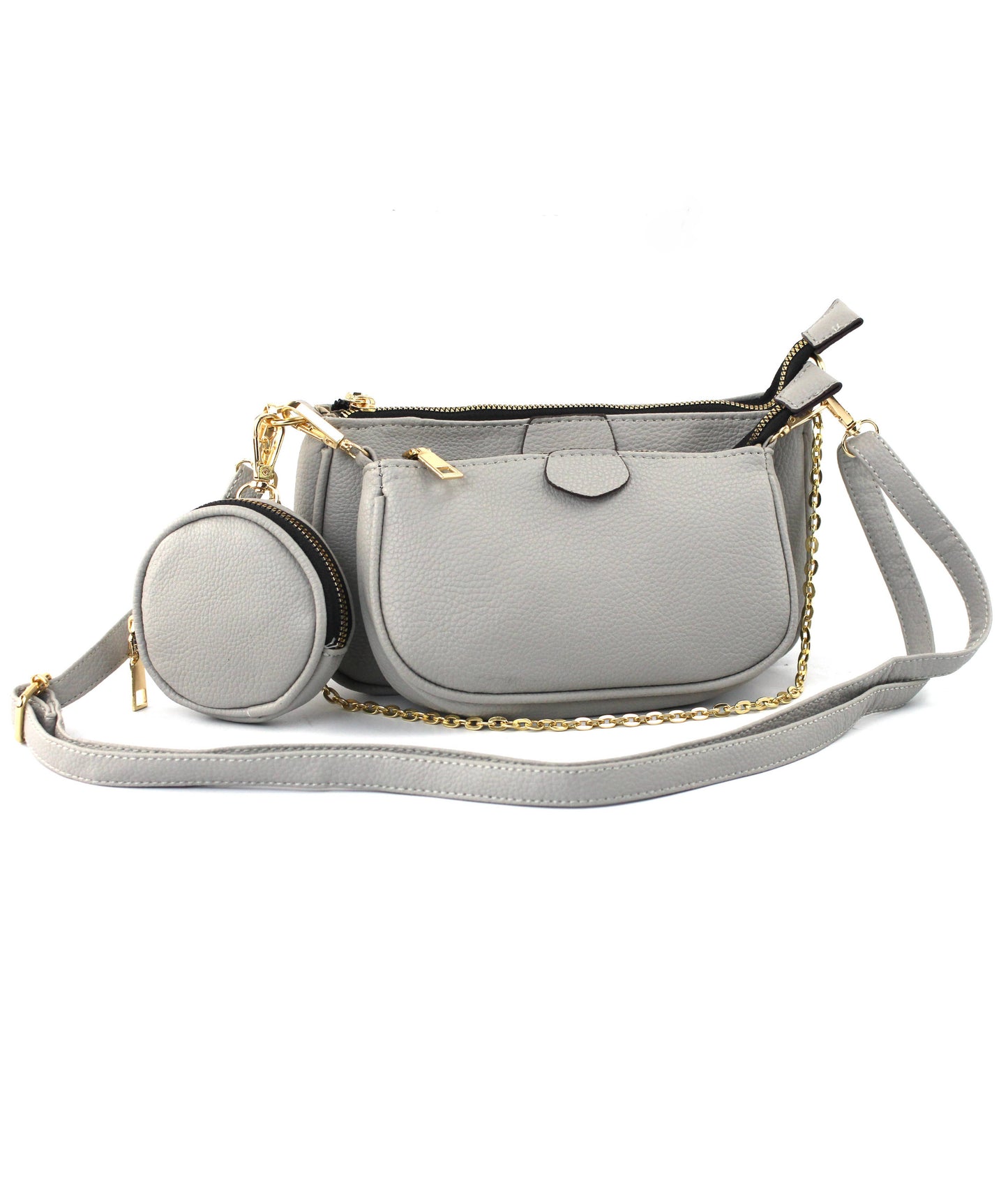 Gray handbag with a smaller round bag on a white background