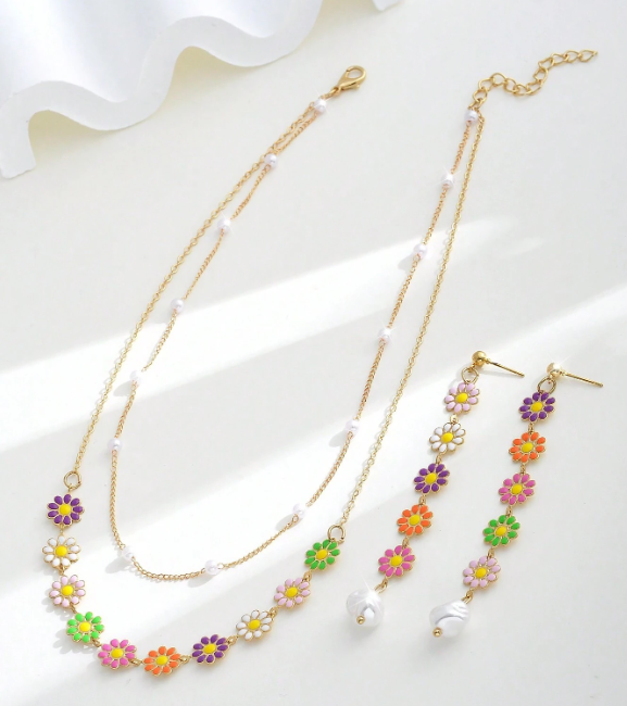 Multicolor Floral Daisy Chain Necklace & Earring Set