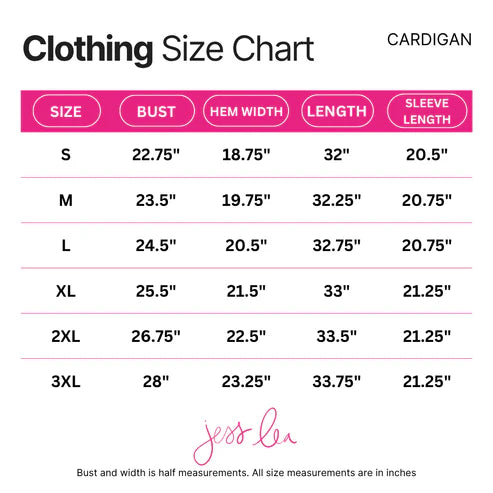 Clothing size chart for a cardigan with measurements in inches.