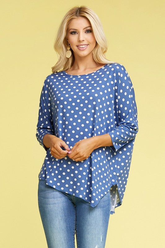 Round Neck 3/4 Length Dolman Sleeve Asymmetrical Top - Denim Blue Dot
