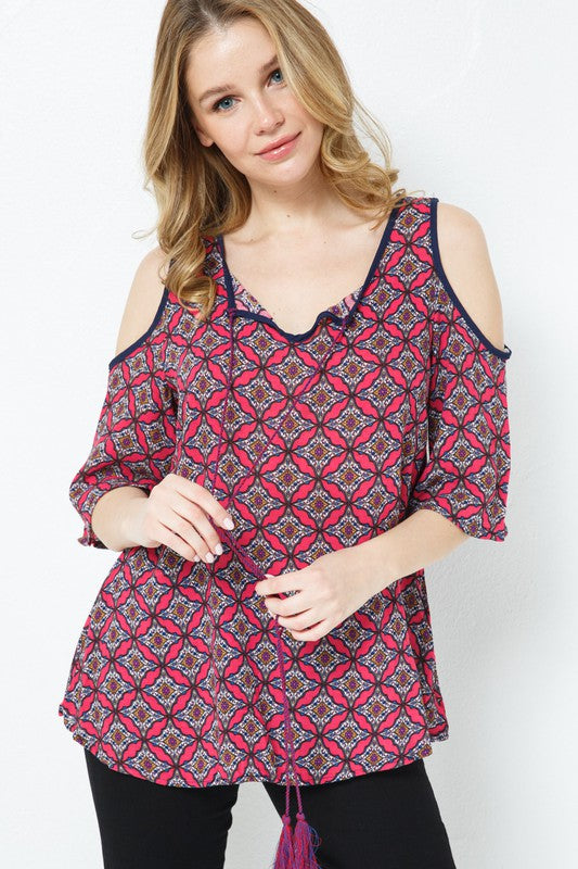 Open Sleeve Tassel Tie Front Tunic - Navy Multi