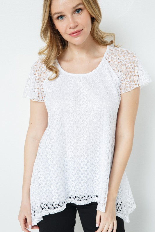 Hanky Hem Short Sleeve Crochet Top - White