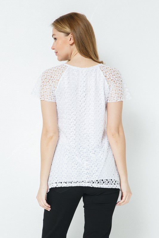 Hanky Hem Short Sleeve Crochet Top - White