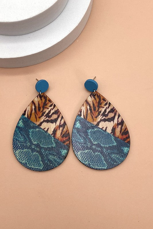 Wood Mix Animal Print Tear Drop Earrings