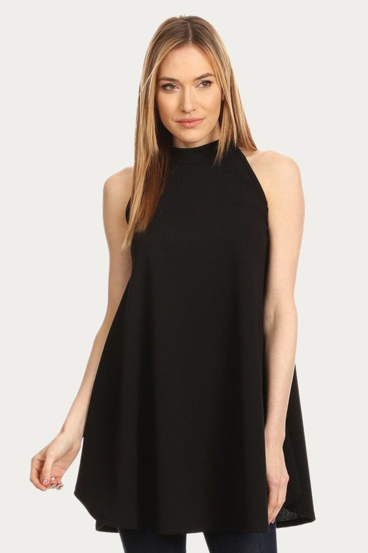 Long Body Sleeveless Tunic With Mock Neck