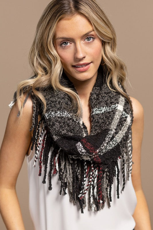 Classic Fringe Infinity Knit Scarf - Black