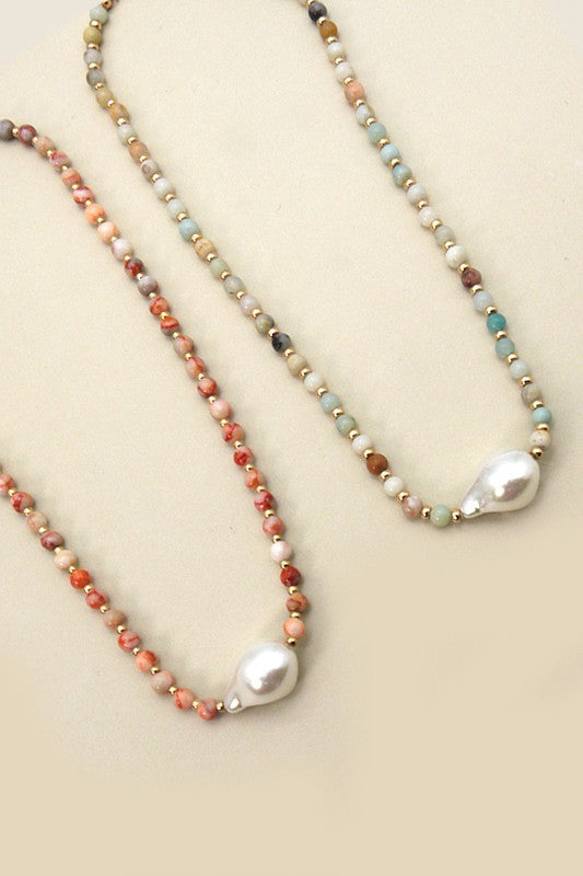 Natural Stone Bead Necklace With Pearl Necklace & Earring Set